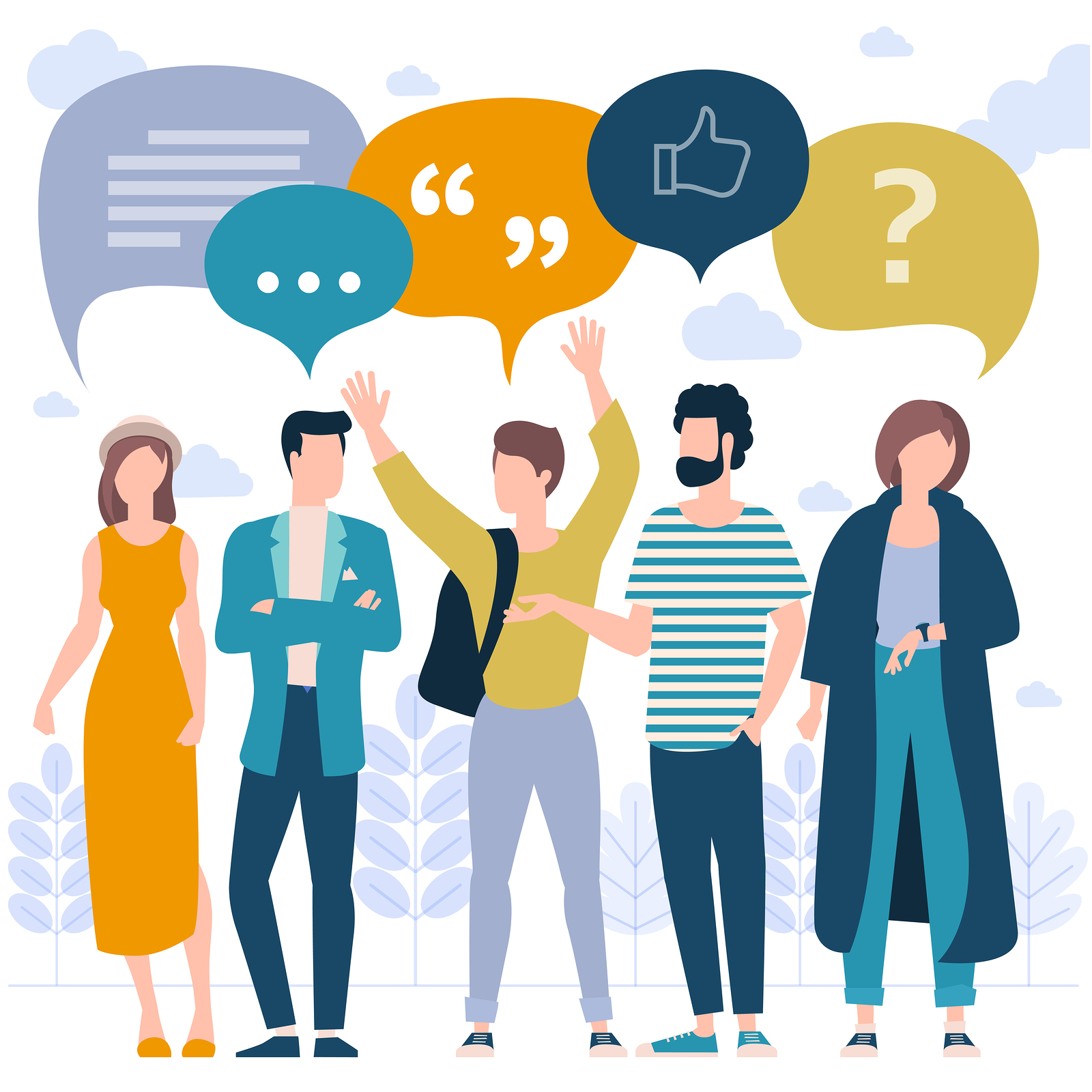 Flat design trendy color vector people with blank speech bubbles. Different characters, styles and professions, standing together diverse acting poses collection.